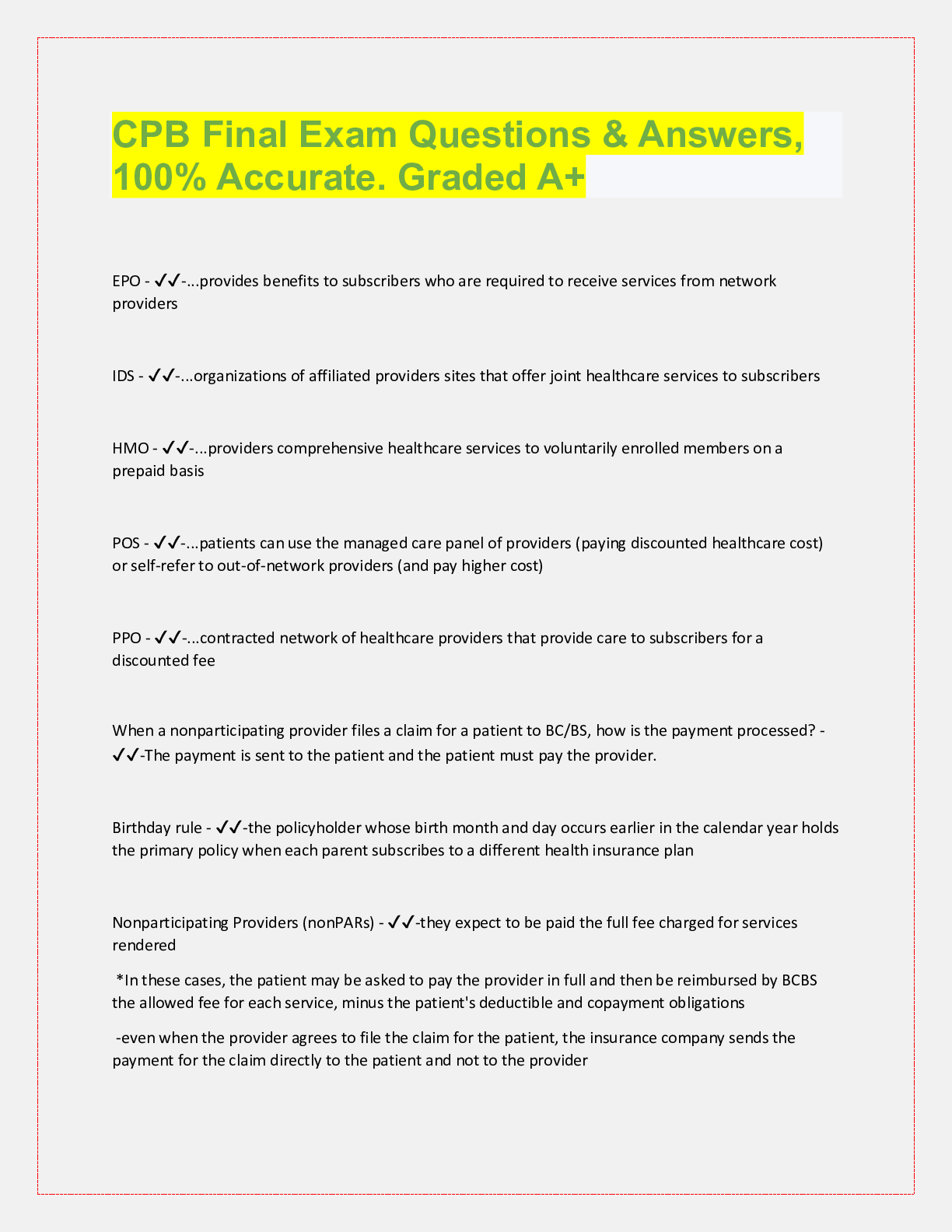 Preview image for CPB Final Exam Questions & Answers,  100% Accurate. Graded A+ EPO - ✔✔-...provides benefits t